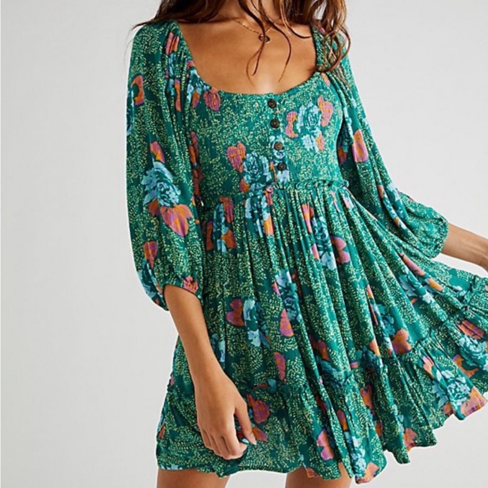 NWT Free People Endless Summer Picnic Printed Green Smocked Mini Dress Small
